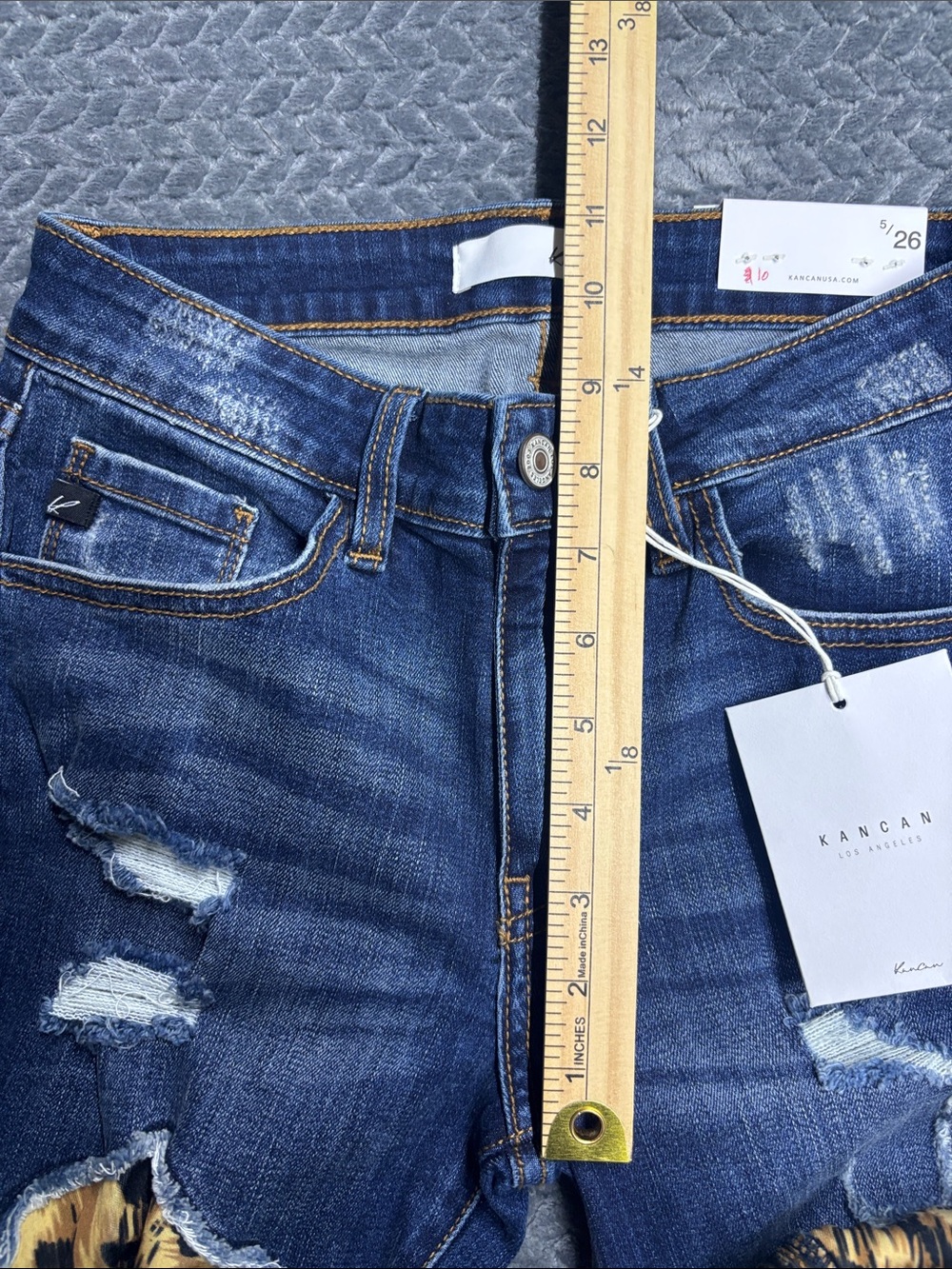 KanCan Dark Blue Distressed Jeans with Yellow Leopard Patch & Cuff - Picture 6 of 8